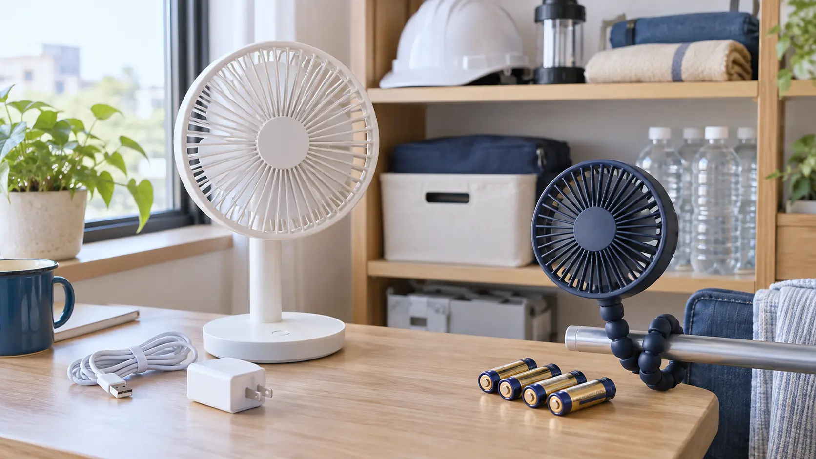 乾電池・AC・USB電源を使う薄型卓上扇風機と設置アーム付きファンを比較するイメージ