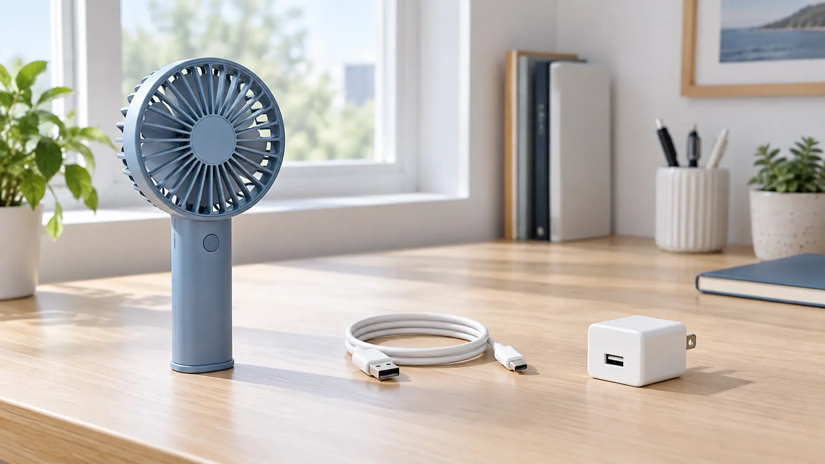 充電器とケーブルを分けて置いた小型扇風機の安全確認イメージ